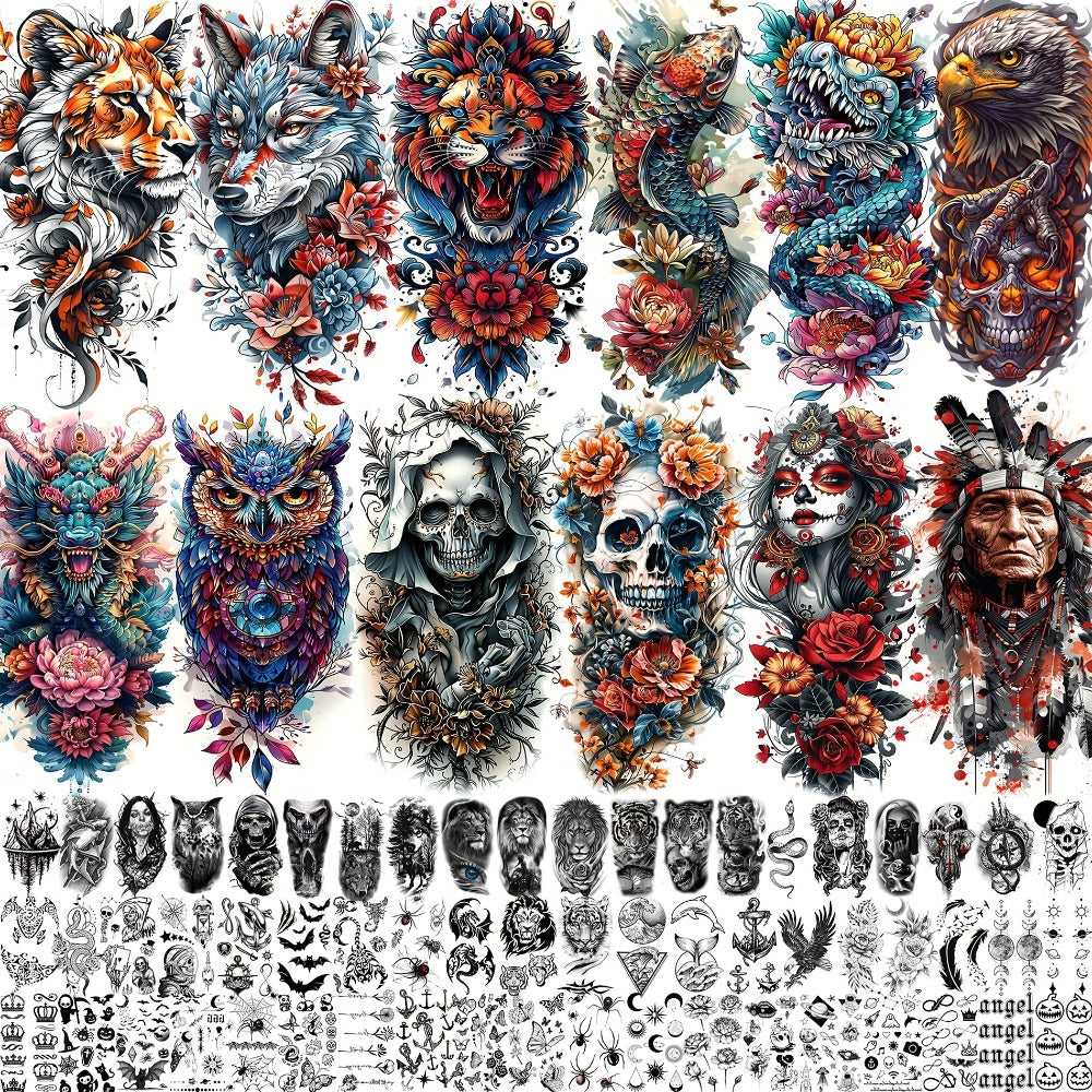 Temporary Tattoos for Adults 71 Sheets - Old School Halloween Tiger Wolf Lion Dragon Skull Floral Gothic Punk Chicano Body Art Fake Tattoos Long Lasting Waterproof for Parties Festivals Costumes
