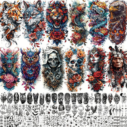 Temporary Tattoos for Adults 71 Sheets - Old School Halloween Tiger Wolf Lion Dragon Skull Floral Gothic Punk Chicano Body Art Fake Tattoos Long Lasting Waterproof for Parties Festivals Costumes