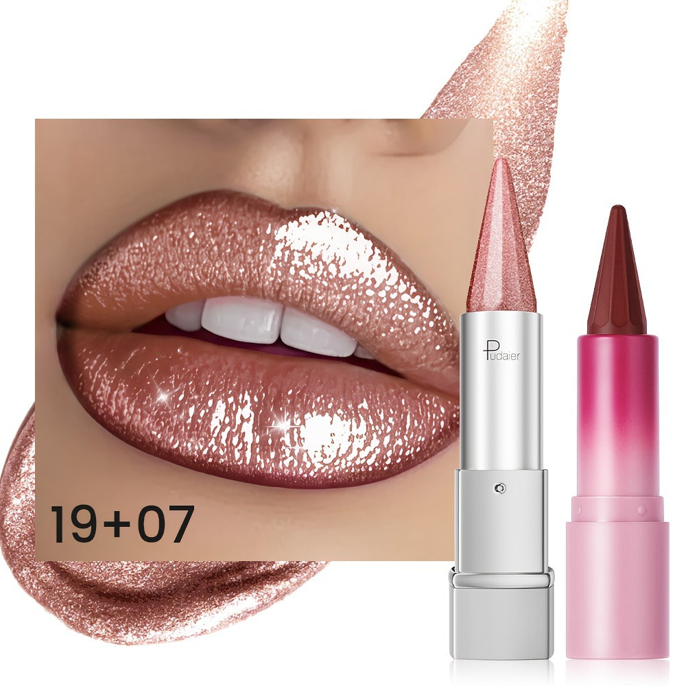 Metallic & Matte Lipstick Set 2pcs — Highly Pigmented Waterproof Pointed-Tip & Shimmer Lip Color Combo, Long-Lasting Beauty Gift for Women