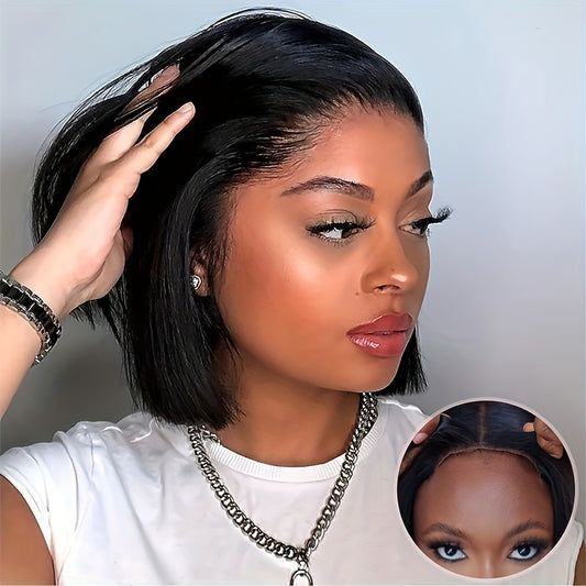 Wigs for Women Made of Human Hair, Featuring a Glueless Straight Bob Design with 4X4 HD Lace And 250% Density. These Wigs Are Easy to Wear, Pre-Plucked, And Have Pre-Cut Lace, Making Them Perfect for Daily Use, Parties, Music Festivals