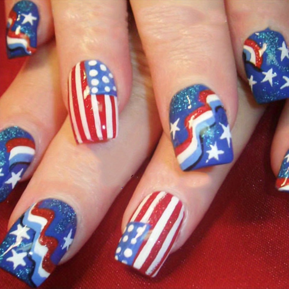 216pcs 4th of July Press On Nails - Red White Blue Stars Stripes Medium Coffin Acrylic Fake Nails, Full Cover Glossy Finish for Women, Patriotic Manicure Nail Art (9pcs), Festive Nail Designs, Festive Patterns, Striking Design Variety