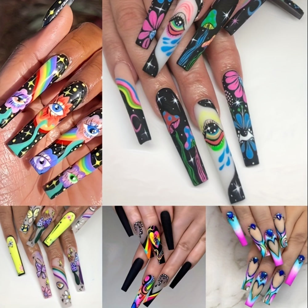 Extra Long Press On Nails 120pcs 5 Boxes Set Cosmic Eyes Crystal Rhinestones Matte Colorful Stripes Floral Pattern Glue-On Wearable Nail Art Festive Gift Set for Women Teens Party Holiday