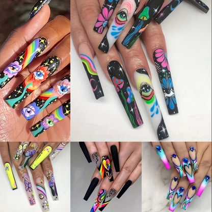 Extra Long Press On Nails 120pcs 5 Boxes Set Cosmic Eyes Crystal Rhinestones Matte Colorful Stripes Floral Pattern Glue-On Wearable Nail Art Festive Gift Set for Women Teens Party Holiday