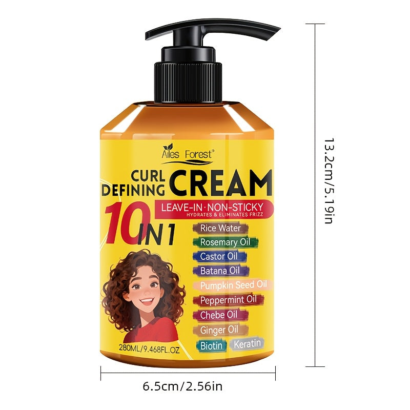 1 Bottle 9.47 oz 10-in-1 Curl Defining Cream | Moisturizing, Leave-in Non-Sticky Styling Cream for Adults - Enhances Curl Definition and Hydrates Hair, Suitable for Normal, Wave, and Curly Hair, Unisex, Fashionable Bottle Design
