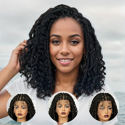 Braided Wig Knotless Full Lace with Curly Ends - 180% Density Synthetic Handmade Braid Wig for Women Natural Hairline Party Holiday 16 Inch