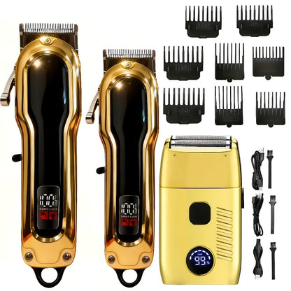 Professional Electric Hair Clipper Set — Barber-Grade Trimmer with Limit Comb, Long-Lasting Battery, Home & Travel Use, Gift for Dad (Silver & Golden)