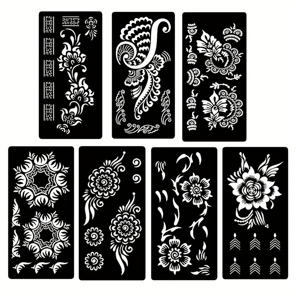 Tattoo Stencils for Body Painting 7-Piece Hollow Flower Nail Art Arm Stickers | Temporary Body Art for Festivals Events | Easy Apply Floral Henna-Style Decoration | Reusable Body Paint Stencil Set