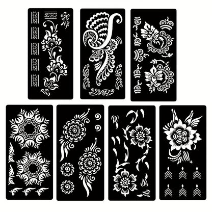 Tattoo Stencils for Body Painting 7-Piece Hollow Flower Nail Art Arm Stickers | Temporary Body Art for Festivals Events | Easy Apply Floral Henna-Style Decoration | Reusable Body Paint Stencil Set