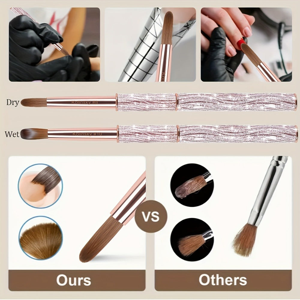 Size #8-#12 Kolinsky Acrylic Nail Brush Sparkling Pink Metal Handle Nail Art Brushes for Acrylic Application Professional Nail Extension Manicure Tool