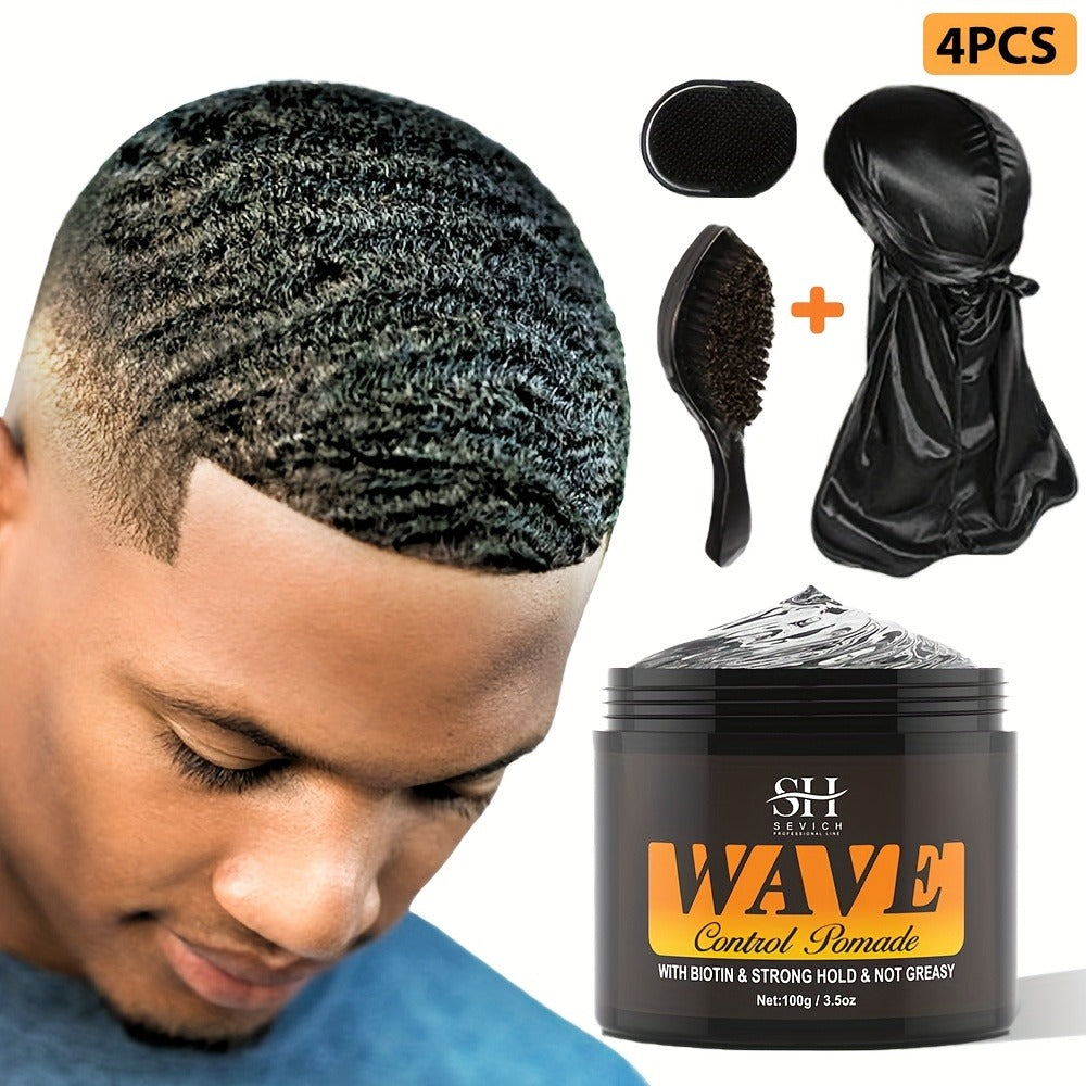 360 Wave Pomade for Men — Strong Hold Hair Styling with Silky Shine & Layered Wave Control, Glycerin Formula, 4-Piece or 5-Piece Set with Silky Durag & Wave Brush, 100g
