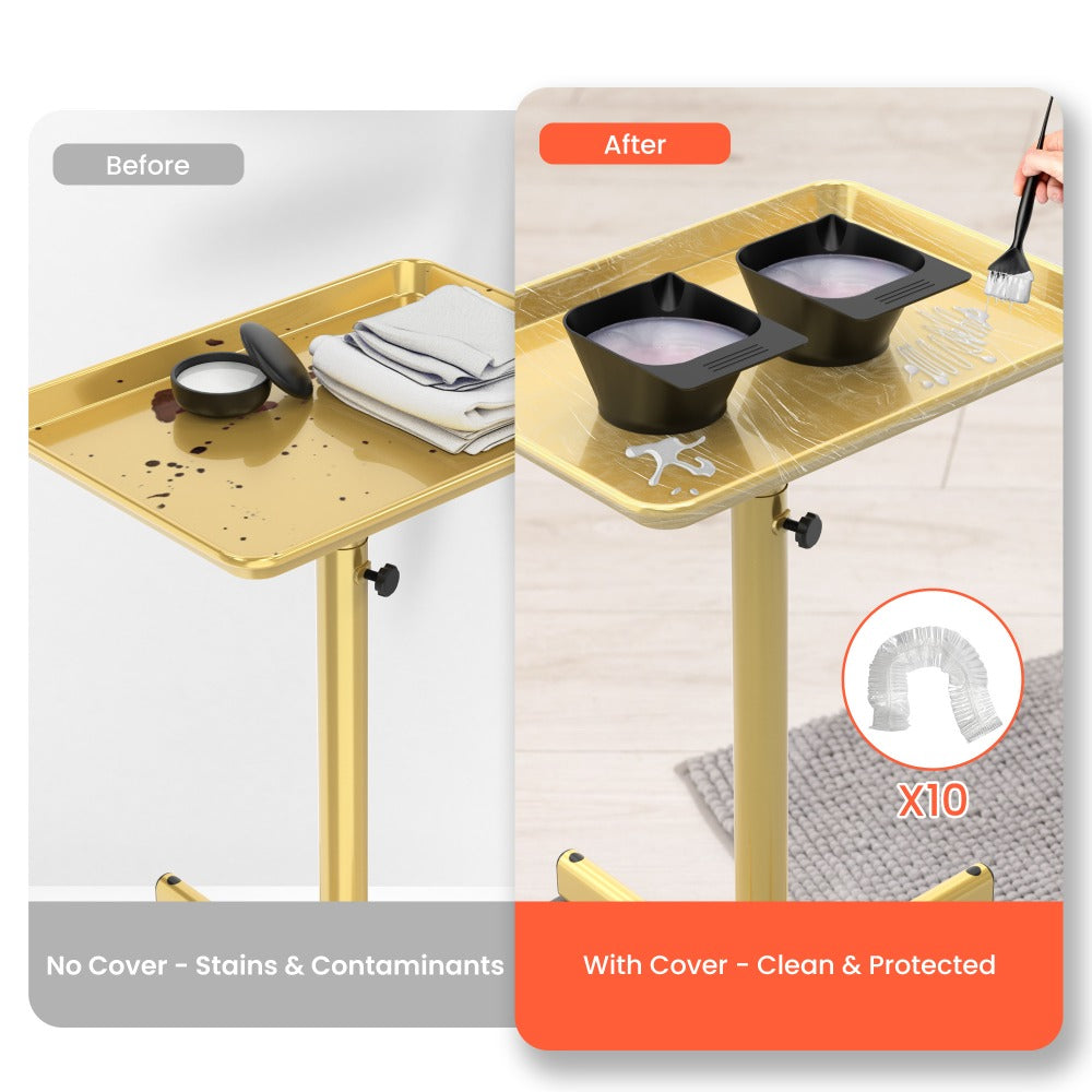 Premium Salon Tray Cart - Tattoo Tray in Gold & Pink, Adjustable Height Rolling Trolley for Spa, Salon & Hairstylist – Mobile Utility Tray with 10 Disposable Salon Tray Covers (Fits Trays ≤ 27.5in) for Storage & Organization