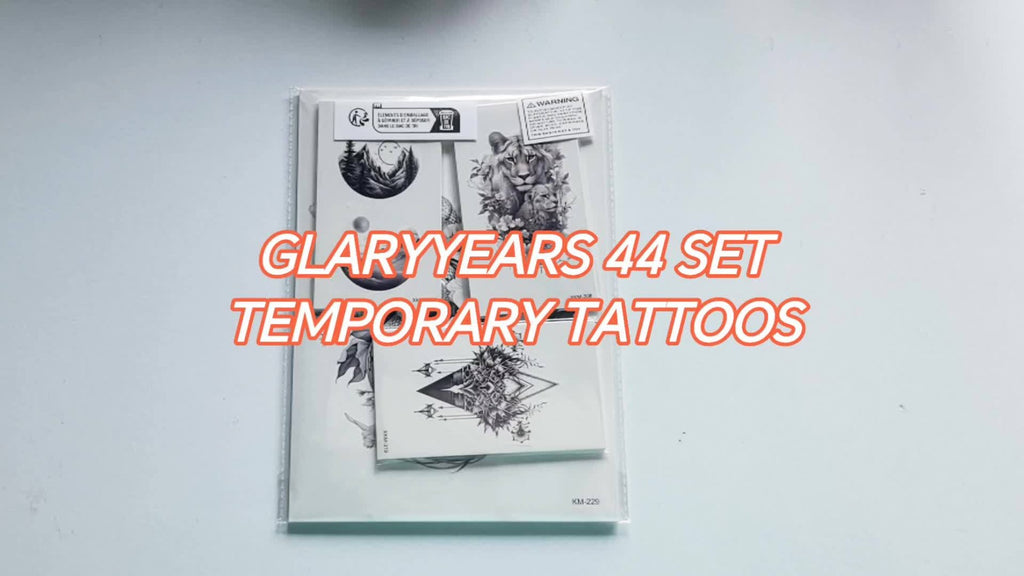 GLARYYEARS Temporary Tattoo for Men Adults, 44pcs Large+Small size Realistic Tattoos, Long-lasting Fake Tattoo Stickers, Cool Black Body Half Arm Tattoos, Mountain Lion Wolf Tiger Tattoo Design