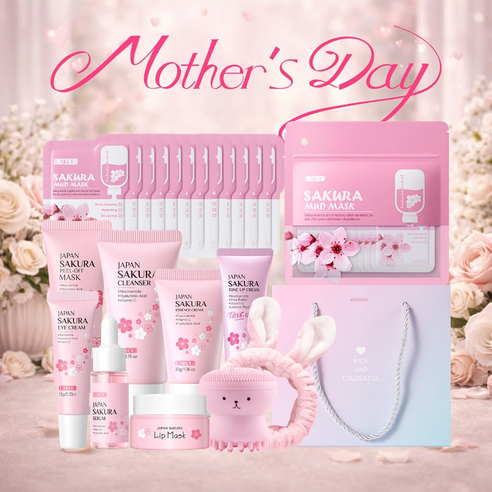 10pcs Japan Sakura Day And Night Skincare Set - Gentle Cleansing Face Wash And Mask, Serum, Eye Cream, Facial Cream, Tone Up Cream, Lips Moisturizer, Mud Mask