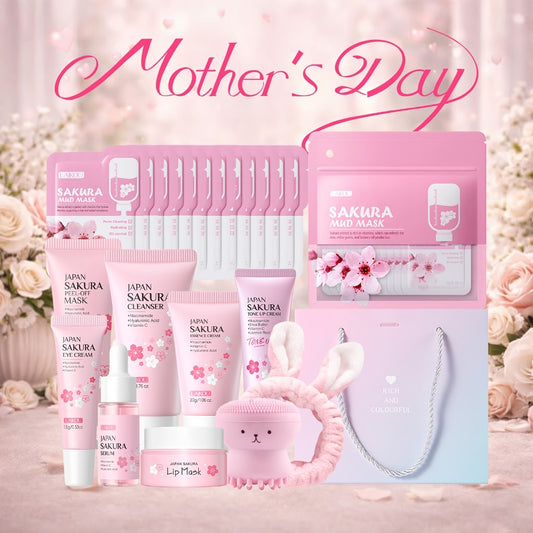 Skincare Set Japan Sakura Day & Night Routine – 10-Piece Complete Kit with Hyaluronic Acid, Face Wash, Serum, Eye Cream, Mud Mask & Lip Moisturizer