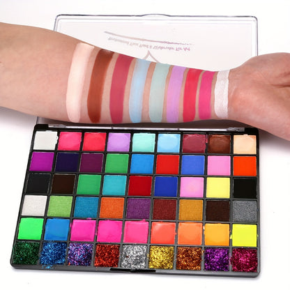 Face Body Paint Set 54 Colors — Matte, UV Fluorescent & Glitter Palette with Pattern Templates, Brushes & Tattoo Stickers for Sports, Cheerleading, Festivals & Parties