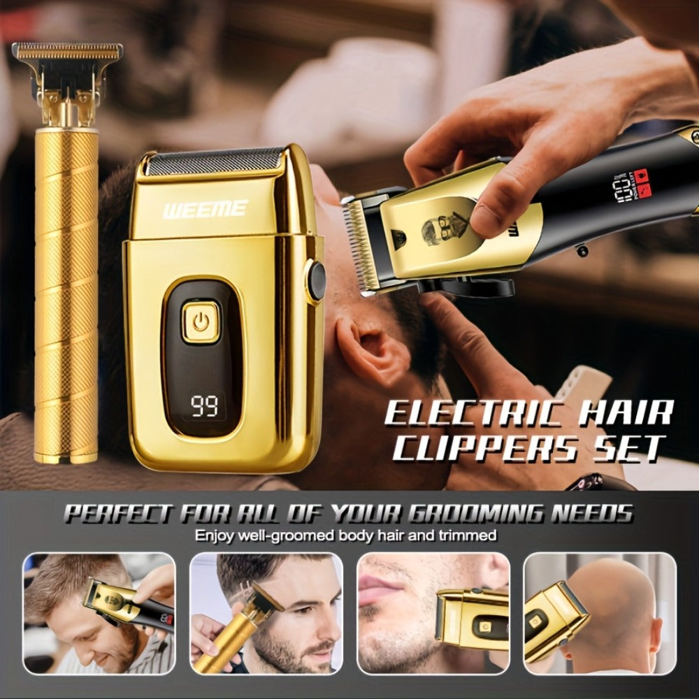 [Valentines Day Gift] WEEME 4pcs 3pcs 2pcs Set Golden Blue Black Silver Hair Clipper for Men - USB Rechargeable Hair Cutting Kit Including Electric Razor, T-Blade Trimmer, 8 Limit Combs, USB Cable, Cleaning Brush and Combs - Valentines Day Gift Items