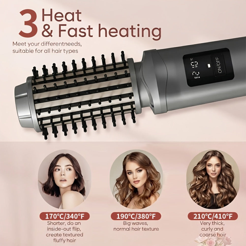 Cordless Hair Curler And Straightener Brush, Wireless Hair Curler, Wireless Curling Brush for Women, Rechargeable 2-In-1 Styling Tool with LED Display