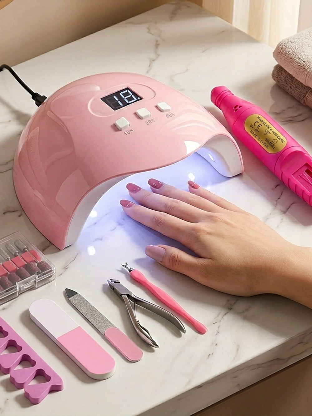 7-In-1 Nail Art Tool Set with Nail Lamp, Glue Drying Machine, Nail Polisher, Dead Skin Fork, Dead Skin Push, Finger Divider - Stainless Steel Kit for Professional Nail Artists