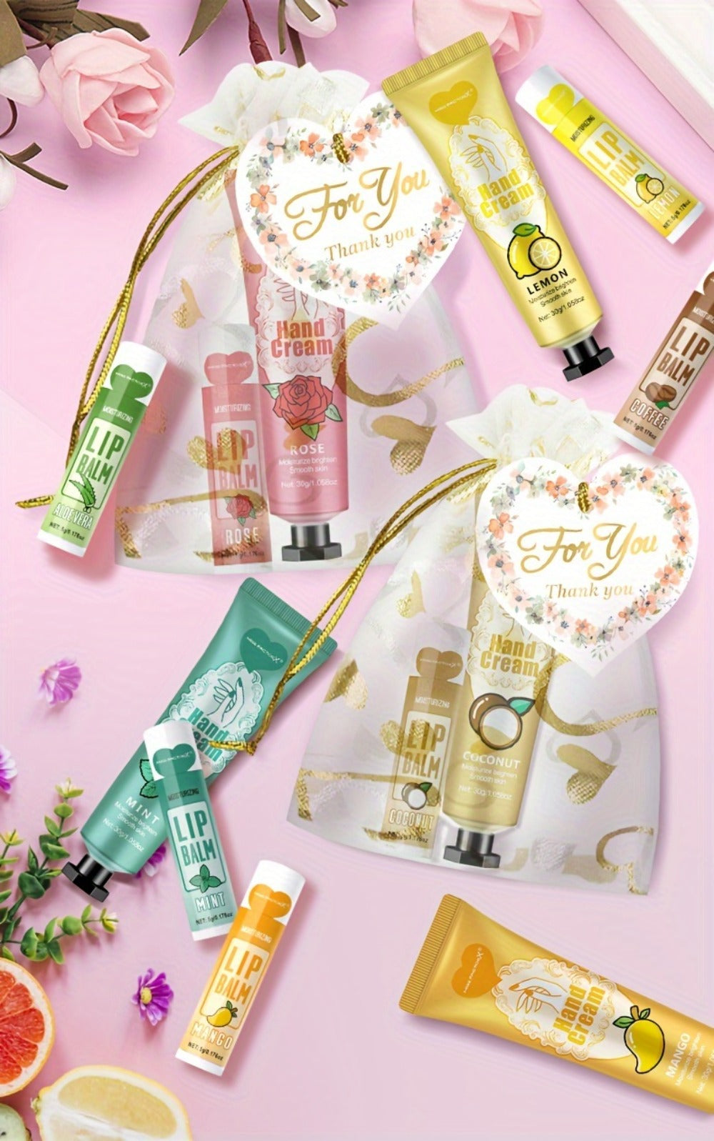 48pcs/Sets Hand Cream & Lip Balm Gift Sets - Perfect For Wedding, Friend Gatherings, Or As A Party Favor! Includes 12pcs Hand Cream, 12pcs Lip Balm, 12pcs White Heart-Shaped Hot Stamping Yarn Bags, And 12pcs Thank You Cards. Mother'S Day Gift