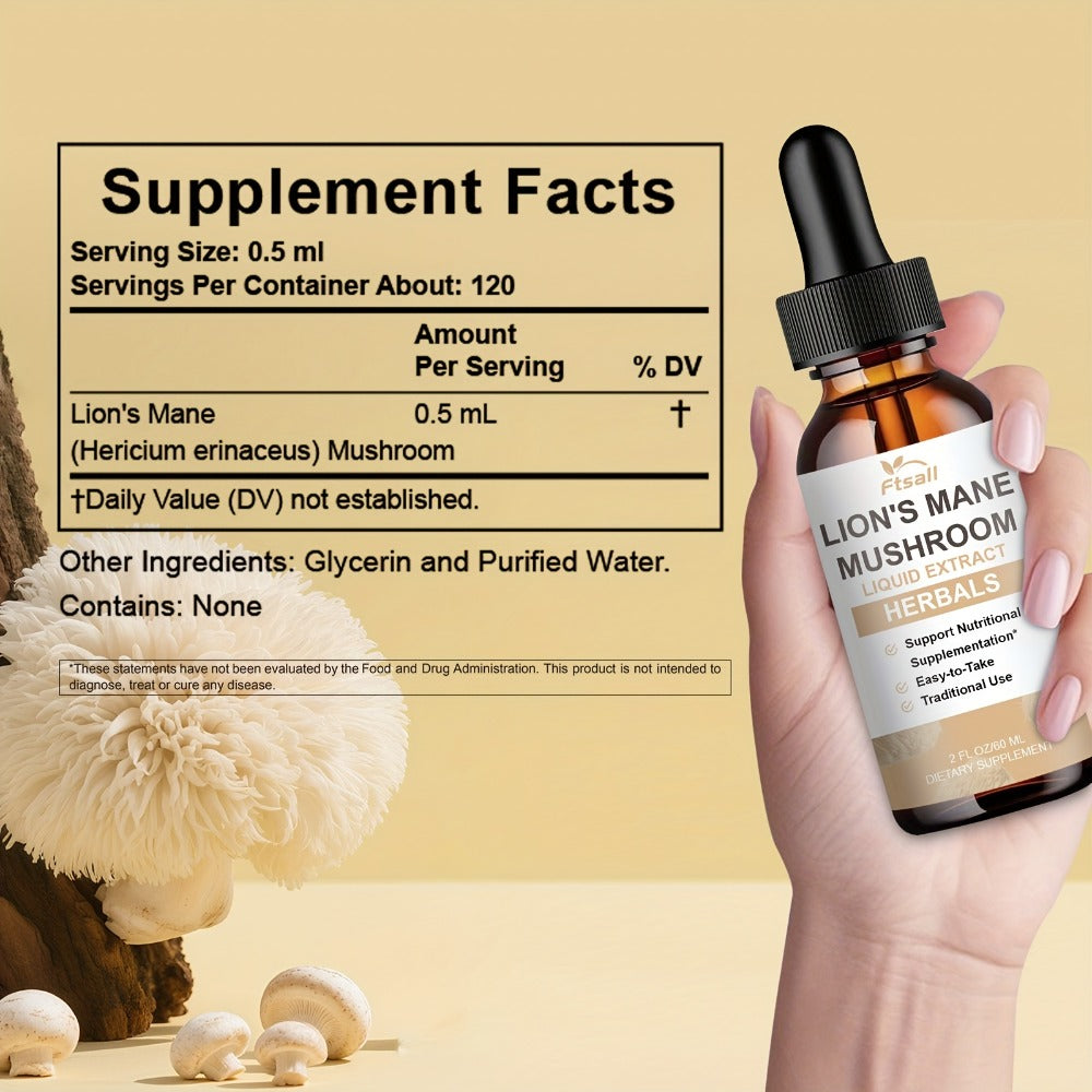 Ftsall 1/2/3 Packs Lions Mane Liquid Drops Supplement - 2FL OZ | Natural Herbal Brain Support for Focus, Memory | Lions Mane Mushroom for Women And Men