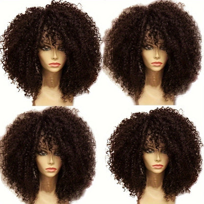 Afro Kinky Curly Wig with Bangs Synthetic 16 Inch Heat Resistant Elastic Cap for Women Color 1B Daily Wear Cosplay Halloween Party Christmas