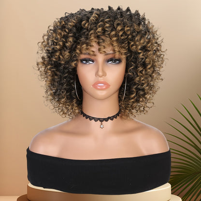 Afro Kinky Curly Wig for Black Women — Short Synthetic Wig with Bangs, 180% High Density, Natural Fluffy Curls, Stretch Cap, Daily Wear & Party, Fits All Head Sizes