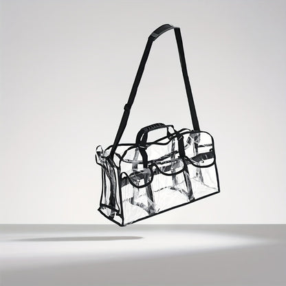 Clear PVC Bag Extra Large Transparent Stadium Approved Tote with Adjustable Shoulder Straps 3 External Pockets Travel Bag for Men Women