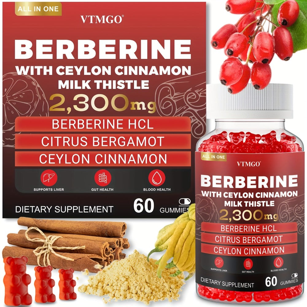 2300Mg Premium Berberine HCL Supplement - with Pure True Ceylon Cinnamon, Milk Thistle, Turmeric for Natural Health And Wellness. Nature'S Gift of Health And Happiness, Berry Flavor, Suitable for Both Men And Women. 60 GUMMIES