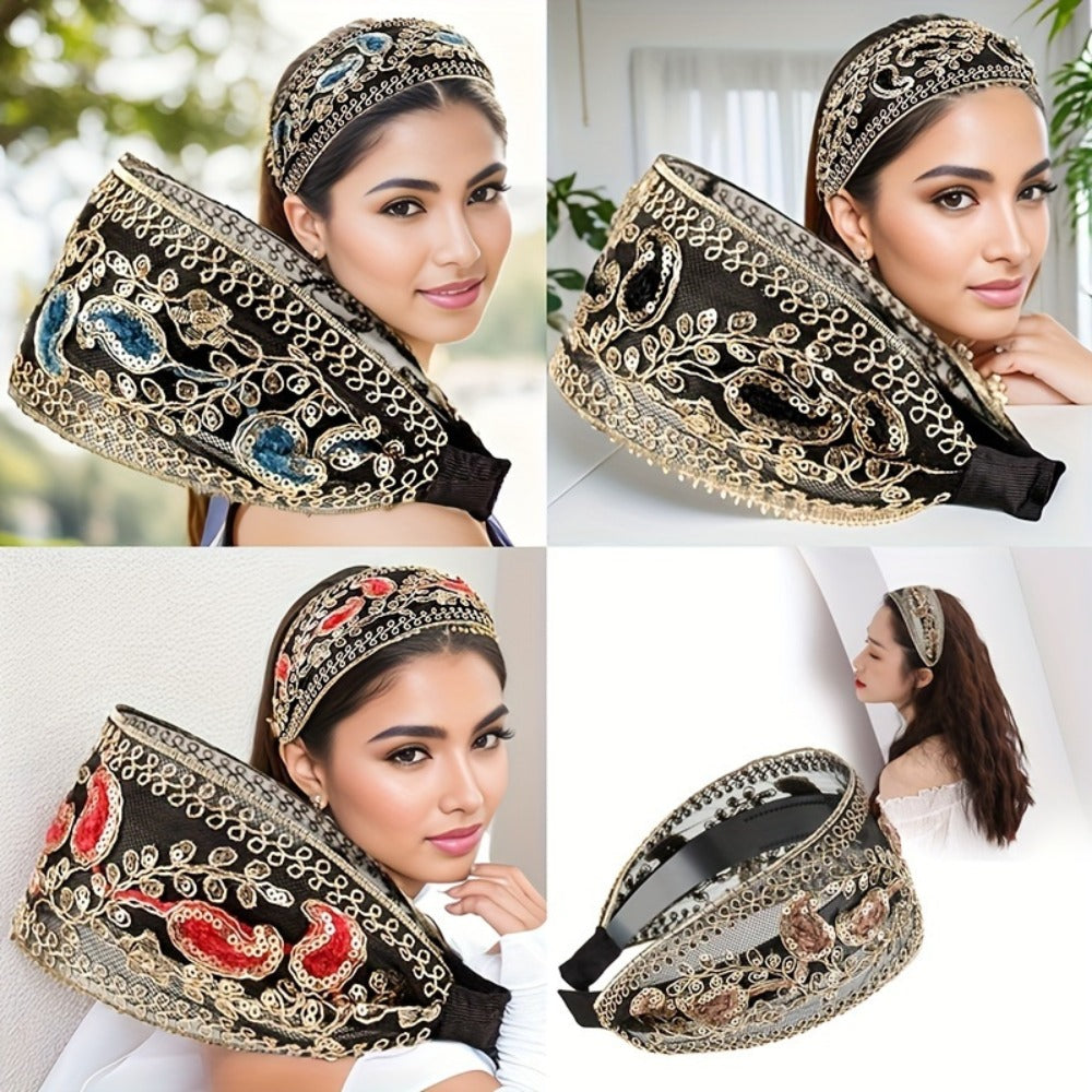 2pcs Elegant Lace Embroidered Sequin Flower Headbands - Wide, Non-Slip Hair Hoops for Women | Perfect for Spring & Summer | Chic Retro Style | Ideal Gift