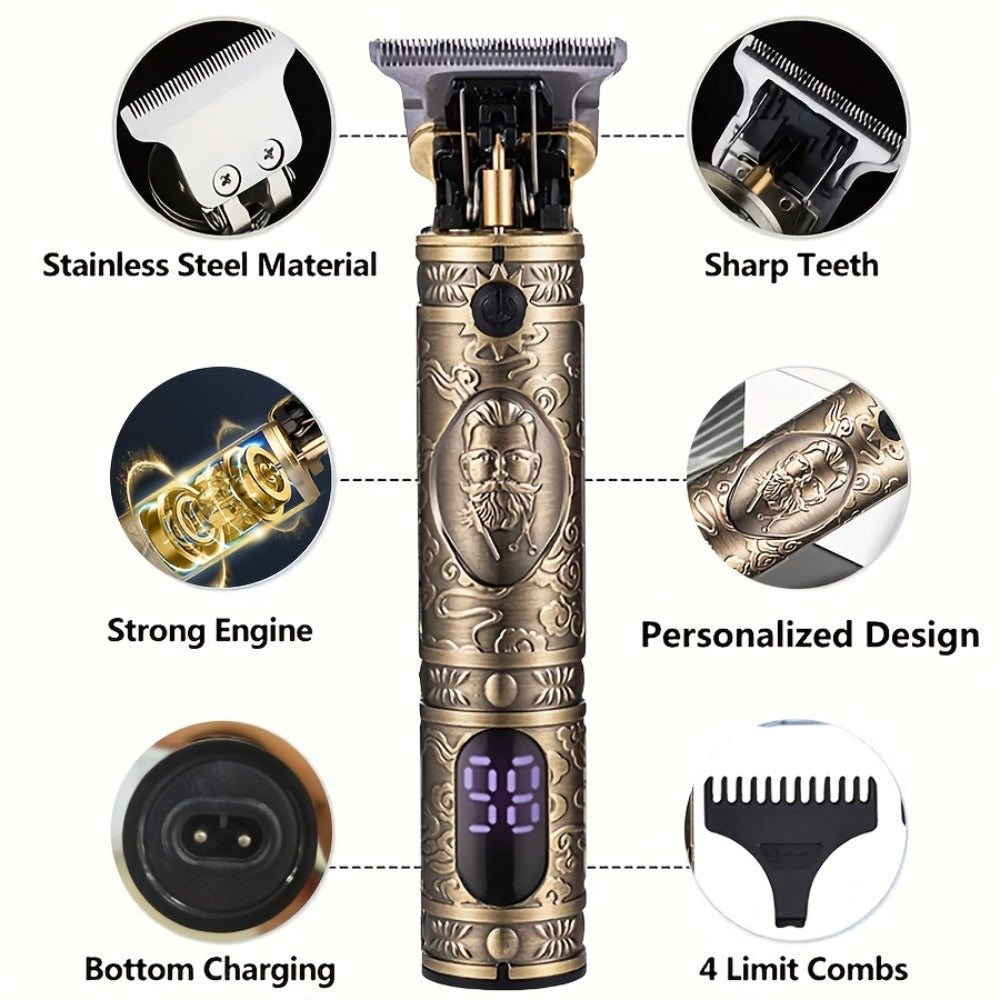 Men's Retro Electric T-Blade Wireless Hair Clipper, Unique Design Hair Clipper Shaver Trimming Set - USB Charging, LED Display, Multiple Accessories, Holiday Gift for Him