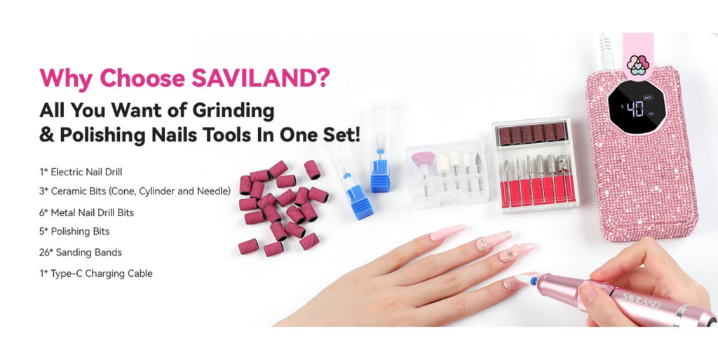 SAVILAND Professional Nail Drill 40000 RPM | Bright Pink Diamond Nail Drill Kit with 4000 mAh Rechargeable Battery, LCD Display, Brushed Motor, Includes Ceramic Nail Drill Bits and Sanding Bands for Salon Use