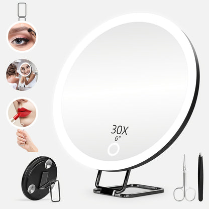 30X LED Magnifying Makeup Mirror Rechargeable, 6-Inch Lighted Handheld Pocket Mirror with Hanging Loop, Portable Travel Vanity Mirror for Precision Makeup & Grooming, Gift for Women and Men