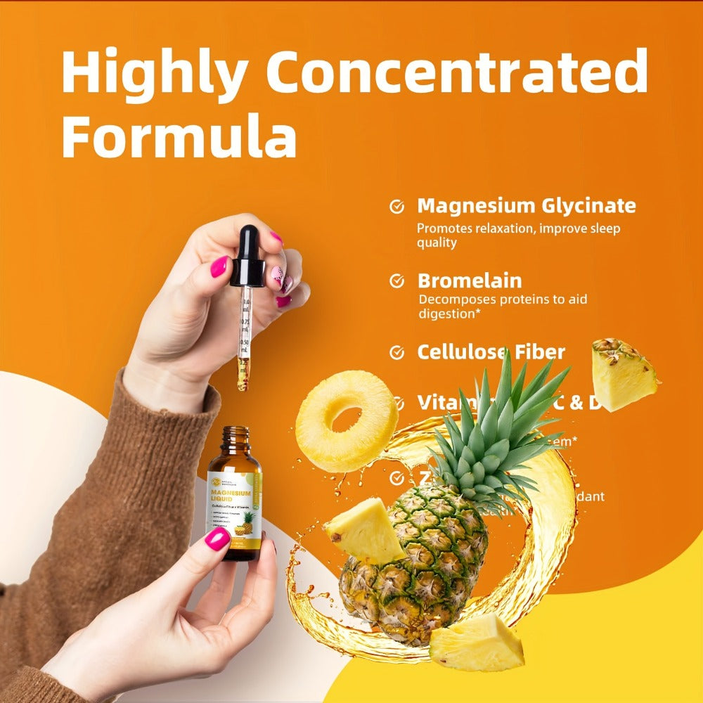 [Magnesium Glycinate Drops] Liquid Magnesium 1000mg, Sugar Free Magnesium Glycinate Liquid Drops with Cellulose Fiber, Bromelain, Vitamin B6, C, D, Zinc for Night, Digestive Health, Pineapple Flavor, 60 Servings, 2 Pack