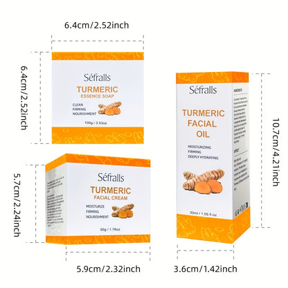 Turmeric Face Cream Set 3Pcs - Facial Cream Soap Essential Oil Skincare Kit Deep Pore Cleansing Moisturizing Oil Control Rich in Turmeric Extract Travel Gift Set