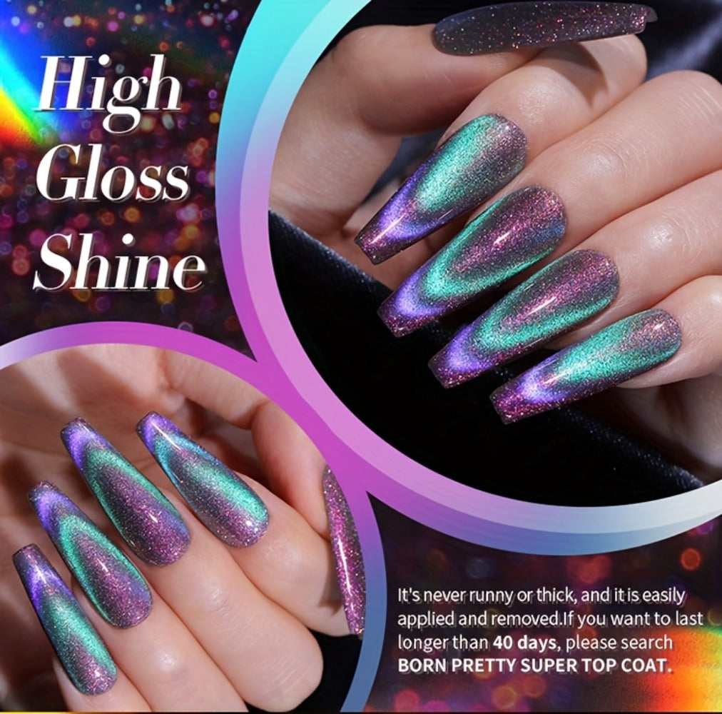 BORN PRETTY 0.34oz 6pcs Double Light Reflective Glass Cat Magnetic Gel Polish for Halloween Party Sparkling Rainbow Color Gel Soak Off
