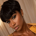 Women'S Human Hair Wig Short Pixie Cut With Bangs, 180%-Density (6inch) Machine-Made Breathable Cap For Perfect For Daily Wear, for carnival Christmas Parties, Black Friday For Women, Quick Hairstyle Change, Versatile&Stylish (No Glue/Adhesive)