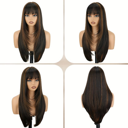 Lace Front Wig with Curtain Bangs Glueless Long Straight Synthetic Wig 26 Inch Pre-Bleached Lace Realistic Scalp Natural Hairline Multi-Color Women Daily Wear
