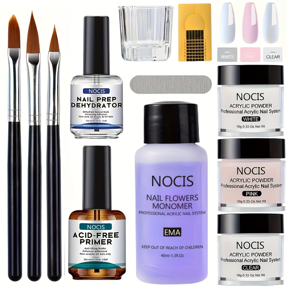 1 Set NOCIS Acrylic Nail Kit for Beginners - DIY Nail Extension, Includes 0. 33oz Clear, White, Pink Powder & Liquid, Nail Brushes, Unscented, Salon-Quality Home Manicure Tools