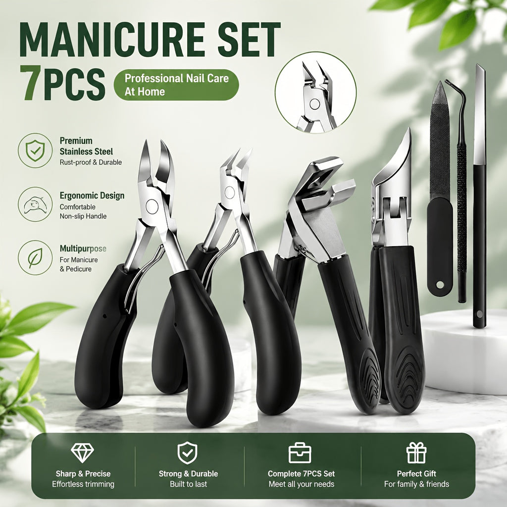 7pcs Men's Special Heavy-duty Nail Care Tools for Adults. Suitable for Thick Toenails. Black Classic Handle. Ergonomic Stainless Steel Nail Clipper. Professional Foot Care Tool Set. Includes Nail File, Cuticle Clipper And Beauty Tools. Good Quality.