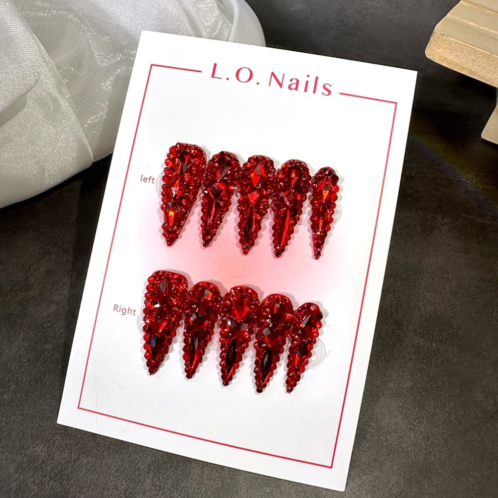 Water Drop Press On Nails 10pcs Long 1.3 Inch Y2K Big Red Glass Glitter Luxury Lonnailssy Handmade Reusable Salon Quality Spring Summer Wedding Party Gift Fake Nails S M L Sizes