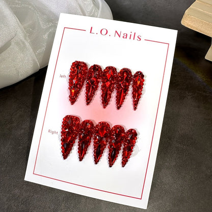 Water Drop Press On Nails 10pcs Long 1.3 Inch Y2K Big Red Glass Glitter Luxury Lonnailssy Handmade Reusable Salon Quality Spring Summer Wedding Party Gift Fake Nails S M L Sizes