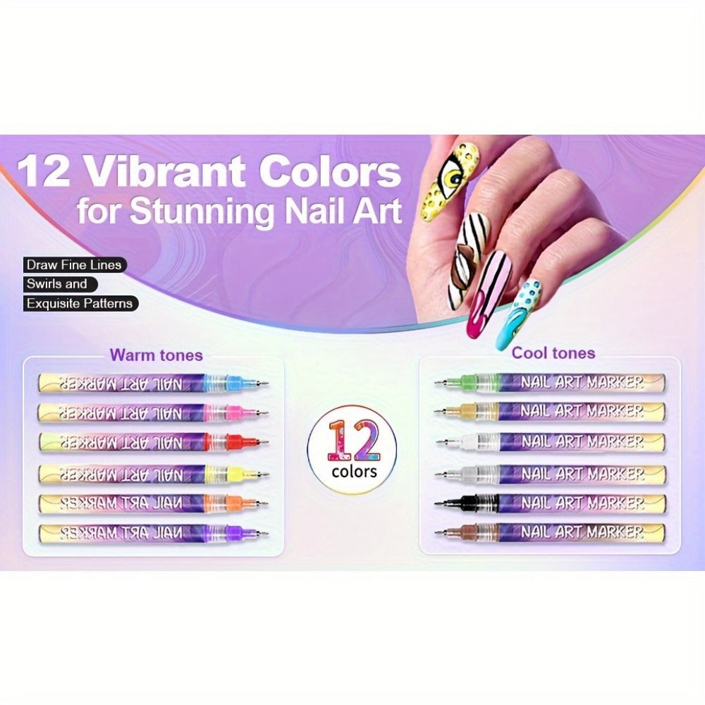 1 Set Nail Art Pen, 12 Color Nail Art Pen, Nail Art Pen DIY, Quick Drying Point Pencil, Precision 3D Graffiti Nail Art Pen, Suitable for, Family And Salon DIY, for Valentine's Day/New Year/party/graduation Gifts, School Supplies, Back to School.