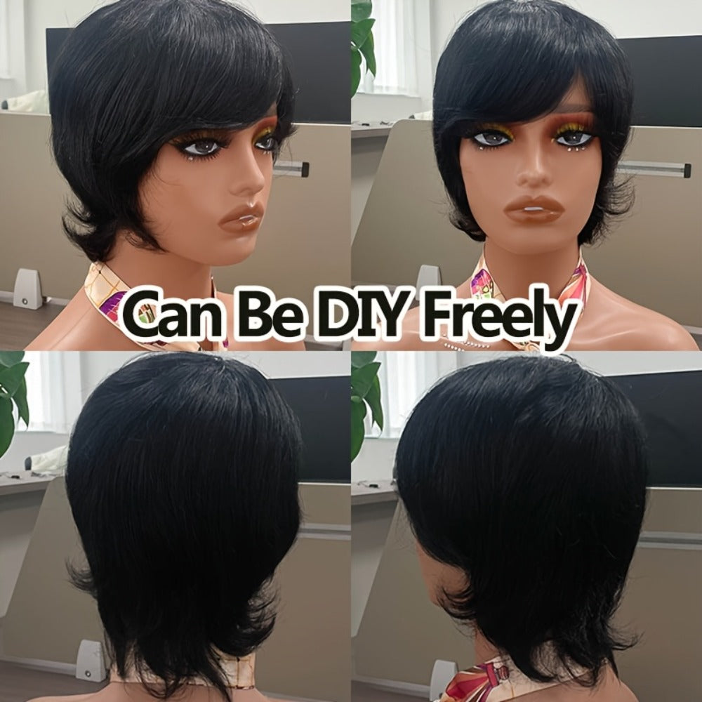 Curly Wavy Bob Wig Human Hair with Bangs – Short Pixie Cut None Lace Front Rose Net Cap, Natural Black 1B, Versatile Daily Wear & Cosplay Wig for Women, 6 Inch