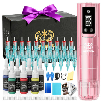 Wireless Tattoo Machine Kit Neebol with Screen Display 6-Hour Battery 10 Red Cartridge Needles 7 Inks Practice Skin Complete Tattoo Pen Gun Set for Beginners Artists Body Art