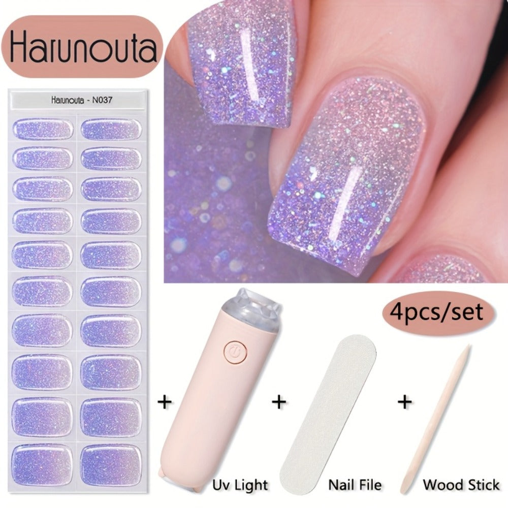 Harunouta 20strips Semi Cured Gel Nail Strips Set with Hand Held Nail Lamp Kit Gel Nail Stickers Glitter Flower Gel Nail Wraps Gel Polish Stickers Nail Art Manicure for DIY Nails Home Use Nails