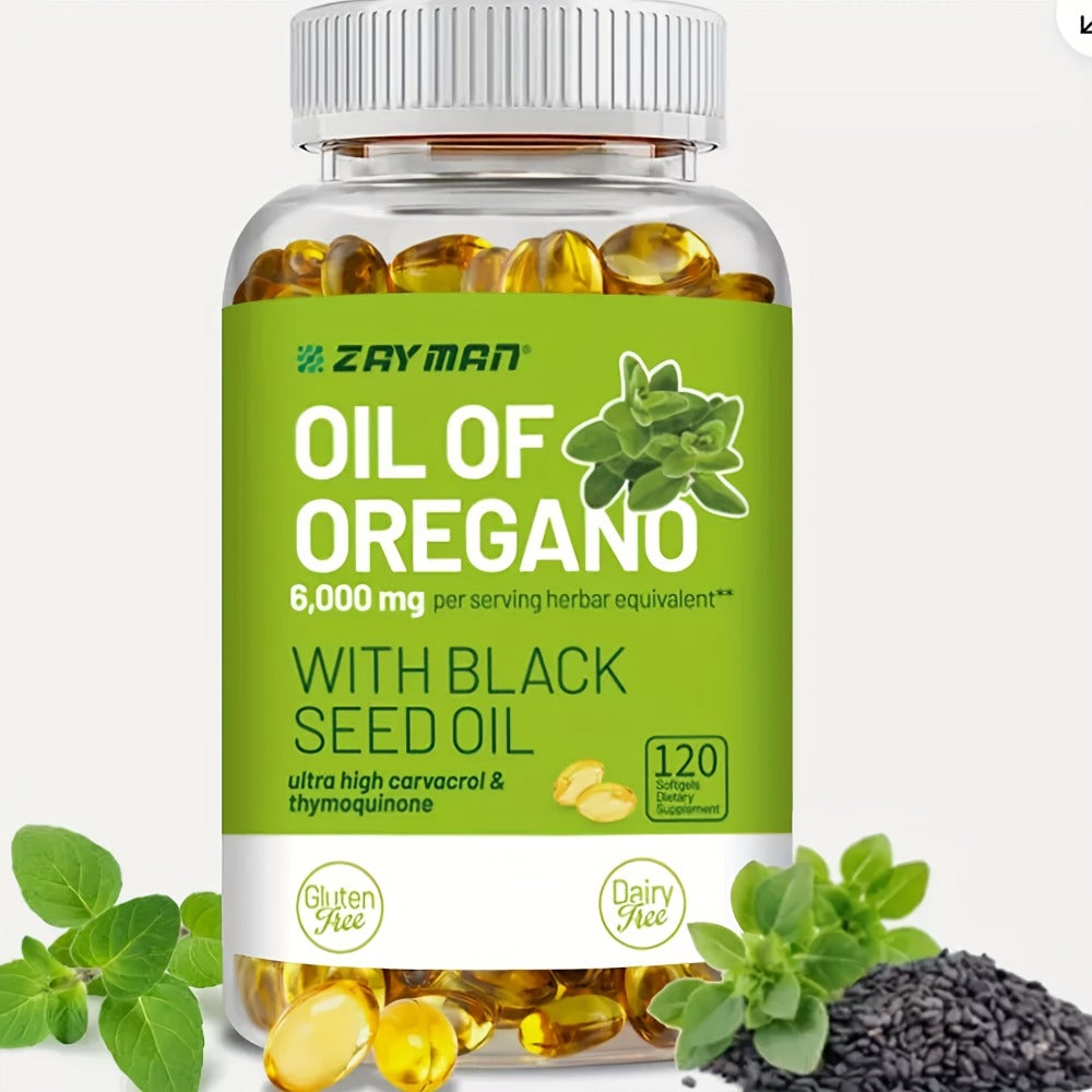 1-3P Bottle of Oregano Oil Softgels - Wild Oregano Oil 6000, Black Seed Oil 200 Capsules, 120 Capsules, Containing Carvacrol And Thymol, Dairy-Free, Gluten-Free