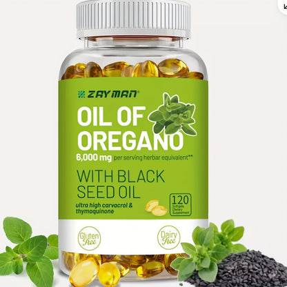 Wild Oregano Oil Softgels 6000mg with Black Seed Oil | Carvacrol & Thymol Formula for Immune Support Antifungal & Antimicrobial Defense | Dairy-Free Gluten-Free 120 Capsules