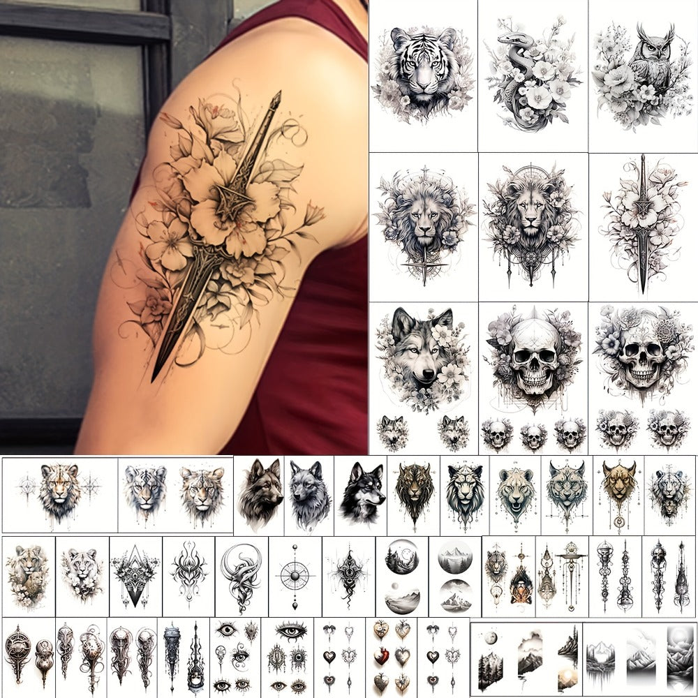 GLARYYEARS Temporary Tattoo for Men Adults, 44pcs Large+Small size Realistic Tattoos, Long-lasting Fake Tattoo Stickers, Cool Black Body Half Arm Tattoos, Mountain Lion Wolf Tiger Tattoo Design