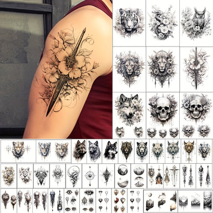 Temporary Tattoos for Men Adults 44 Sheets | Realistic Black Wolf Mountain Lion Tiger Body Art | Large & Small Fake Tattoo Stickers | Long-Lasting Waterproof Half Arm Tattoo Designs