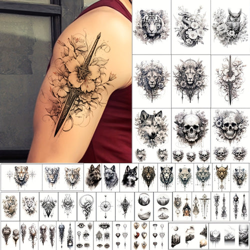 Temporary Tattoos for Men Adults 44 Sheets | Realistic Black Wolf Mountain Lion Tiger Body Art | Large & Small Fake Tattoo Stickers | Long-Lasting Waterproof Half Arm Tattoo Designs